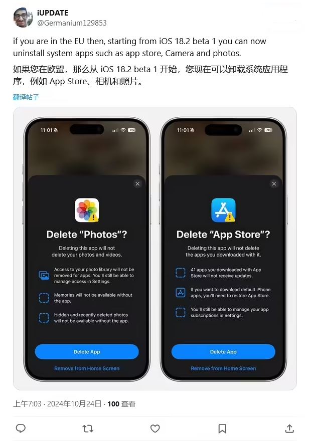 东丽苹果手机维修分享iOS 18.2 支持删除 App Store 应用商店 